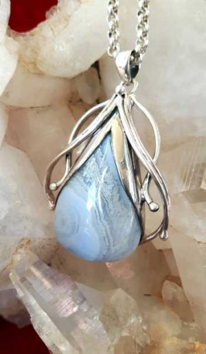 Blue lace pendant set in sterling silver