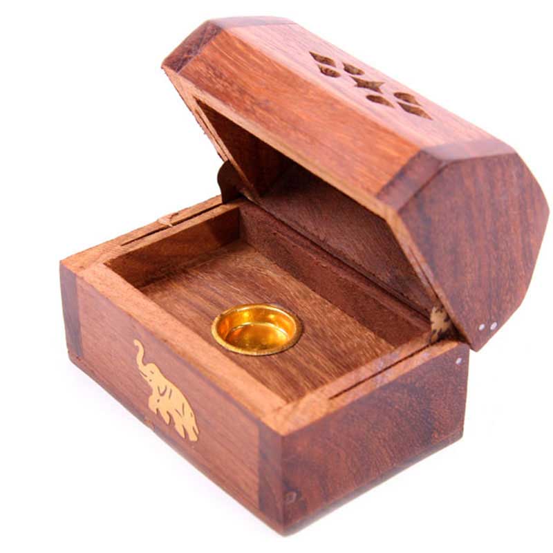 Sheesham Wood Mini Incense Burner Box, Elephant Inlay