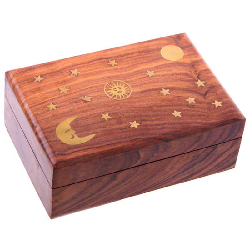 Sun Indian Unbranded Decorative Sheesham Wood Trinket Box With Stars And Moon 