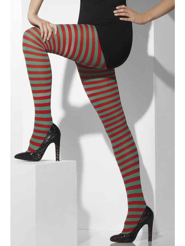 Opaque Tights, Red & Green Striped