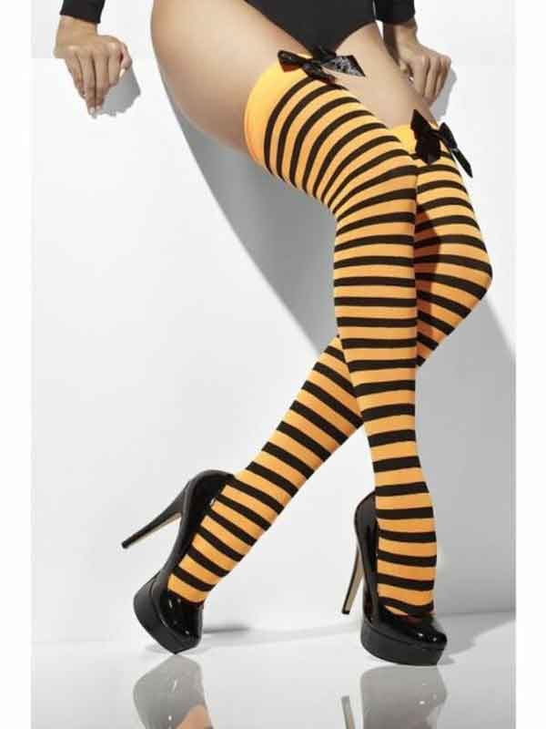 Orange & Black Striped Opaque Hold-Ups With Bows