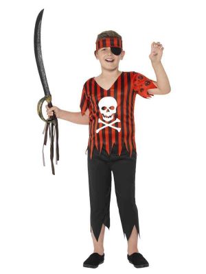 Boy's Deluxe Jolly Rotten Pirate Fancy Dress Costume Top Trousers Hat Halloween 
