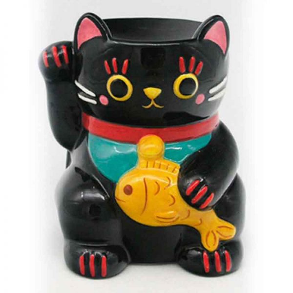 Black Maneki Neko Lucky Cat Ceramic Oil Burner