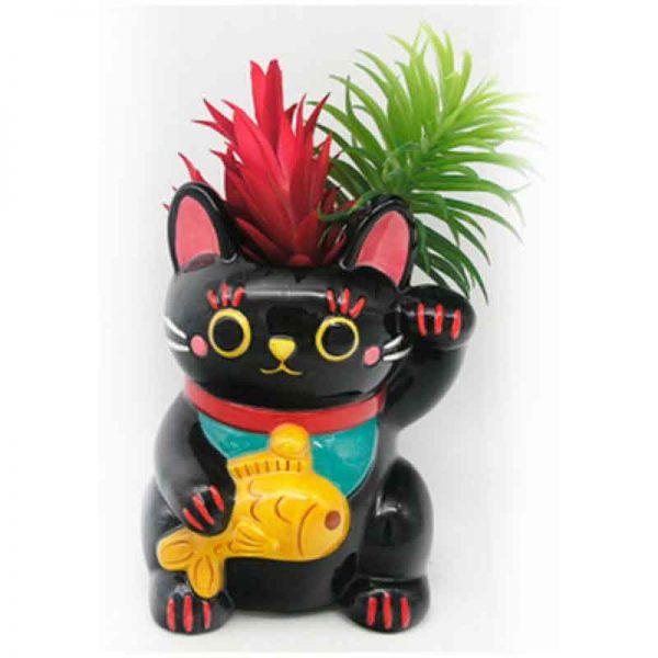 Black Maneki Neko Lucky Cat Ceramic Garden Planter