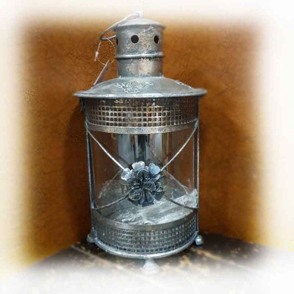 34cm Silver Metal Garden Lantern With Flower Detail